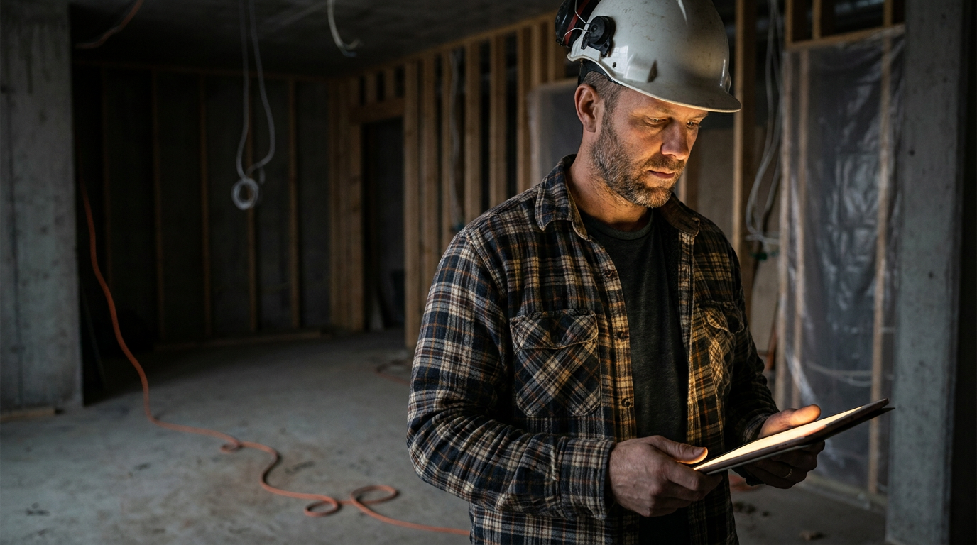 A contractor using a tablet on a job site, conducting a 1build AI estimating review on the software.