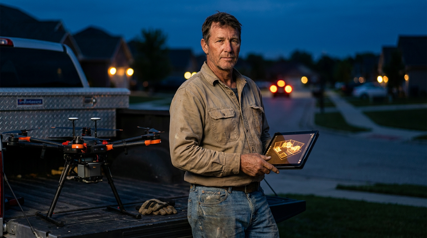 A landscaper reviewing a 3D model of a landscape on a tablet, created with AI from drone footage.