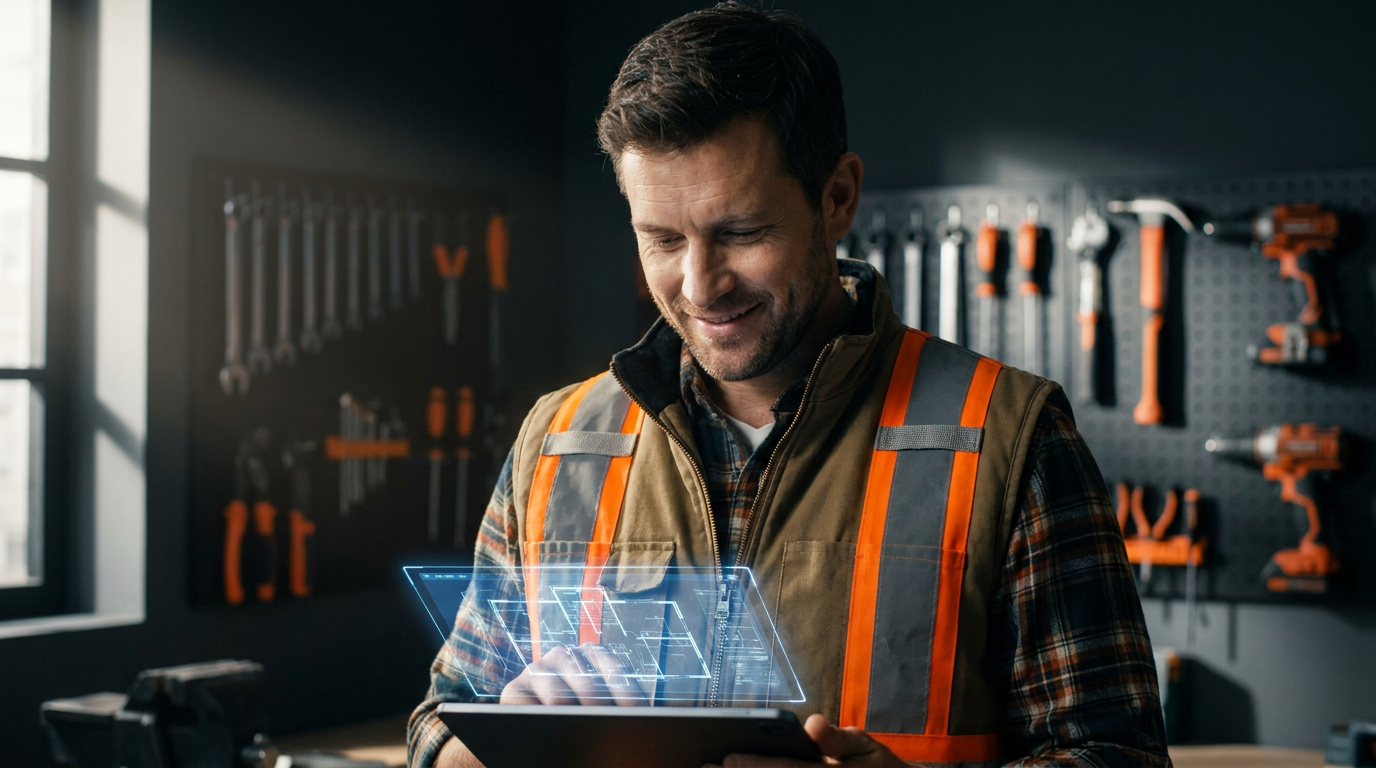 A contractor reviews his business operations on a tablet, demonstrating the concept of what AI agents for contractors can do.