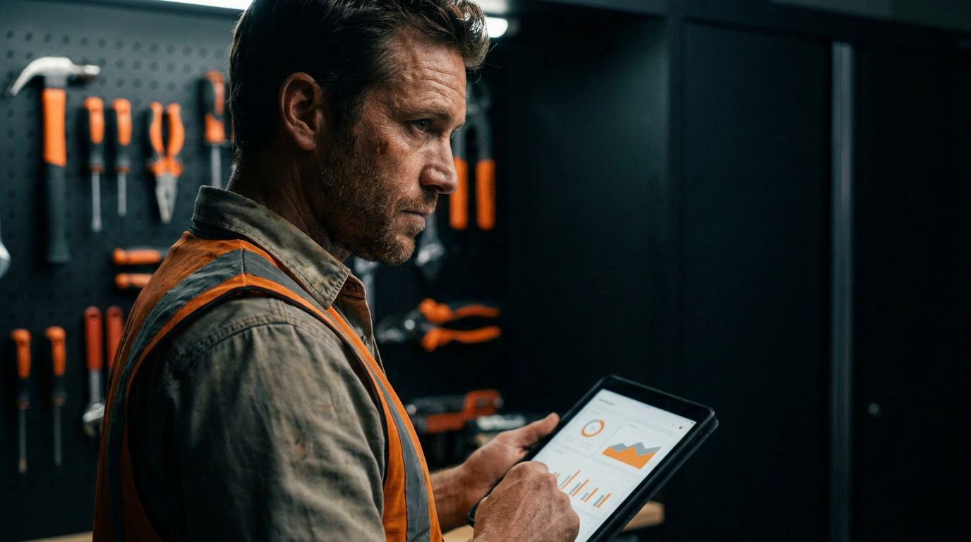 A contractor reviews business operations on a tablet, demonstrating the use of AI agents for trade businesses.