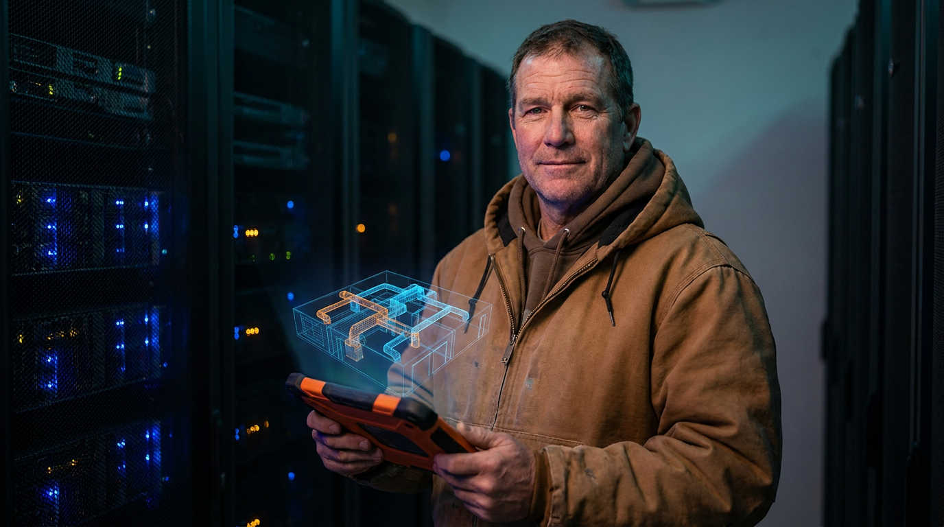 An HVAC technician uses a tablet with AI to analyze airflow in a commercial building's ventilation system.