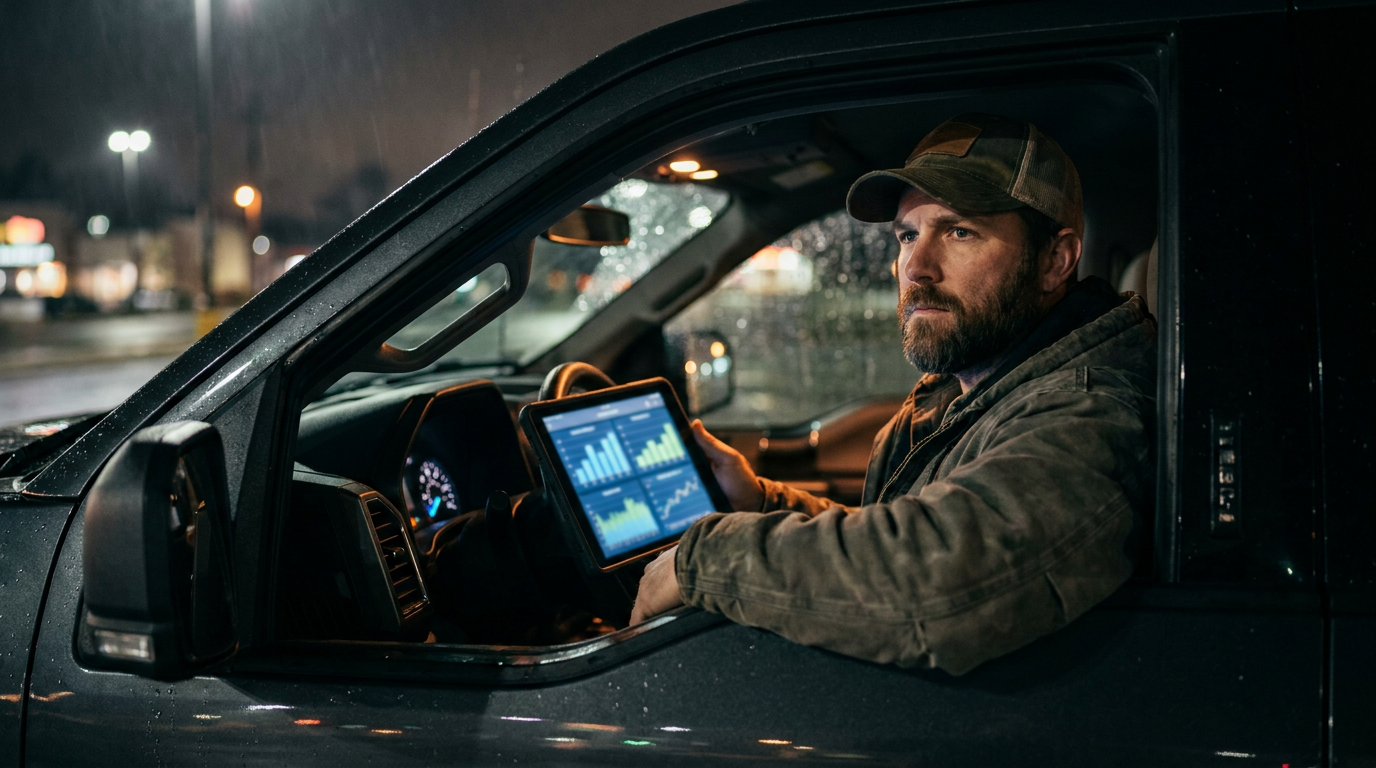 A contractor in his truck at night, using a tablet for AI-powered competitor marketing analysis.