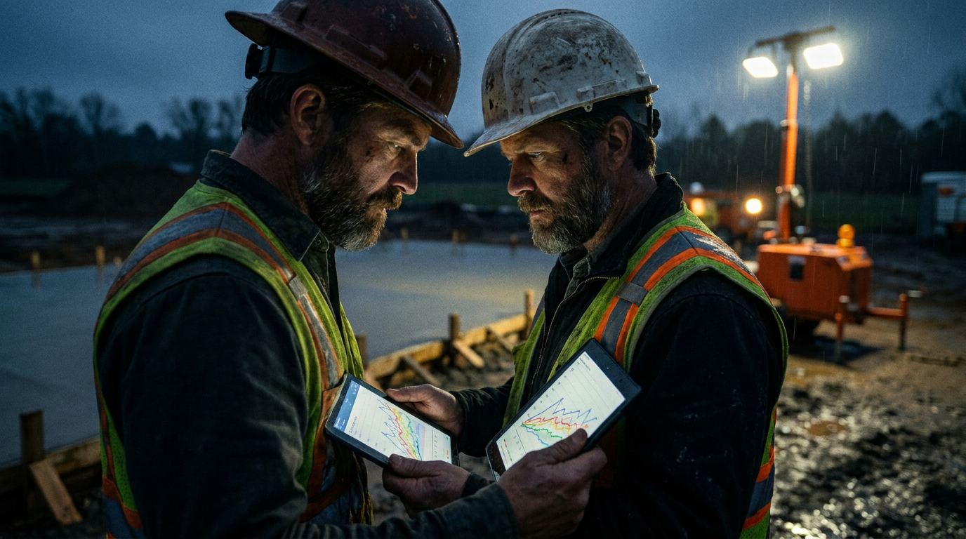 A general contractor at a jobsite reviewing a graph showing AI analysis of concrete curing sensor data on a tablet.