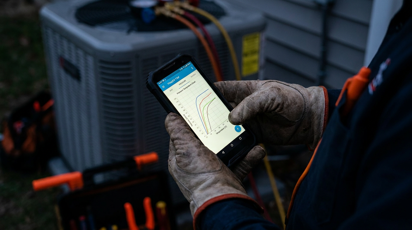 A technician uses a smartphone where an AI analyzes a refrigerant pressure-temperature chart in front of an AC unit.