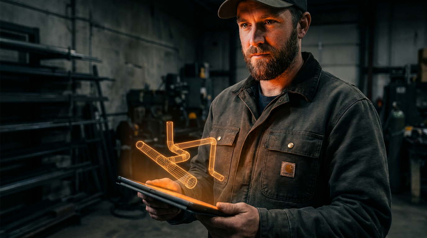 A plumber using a tablet where an AI analyzes sewer camera footage, showing a digital overlay of the pipe.
