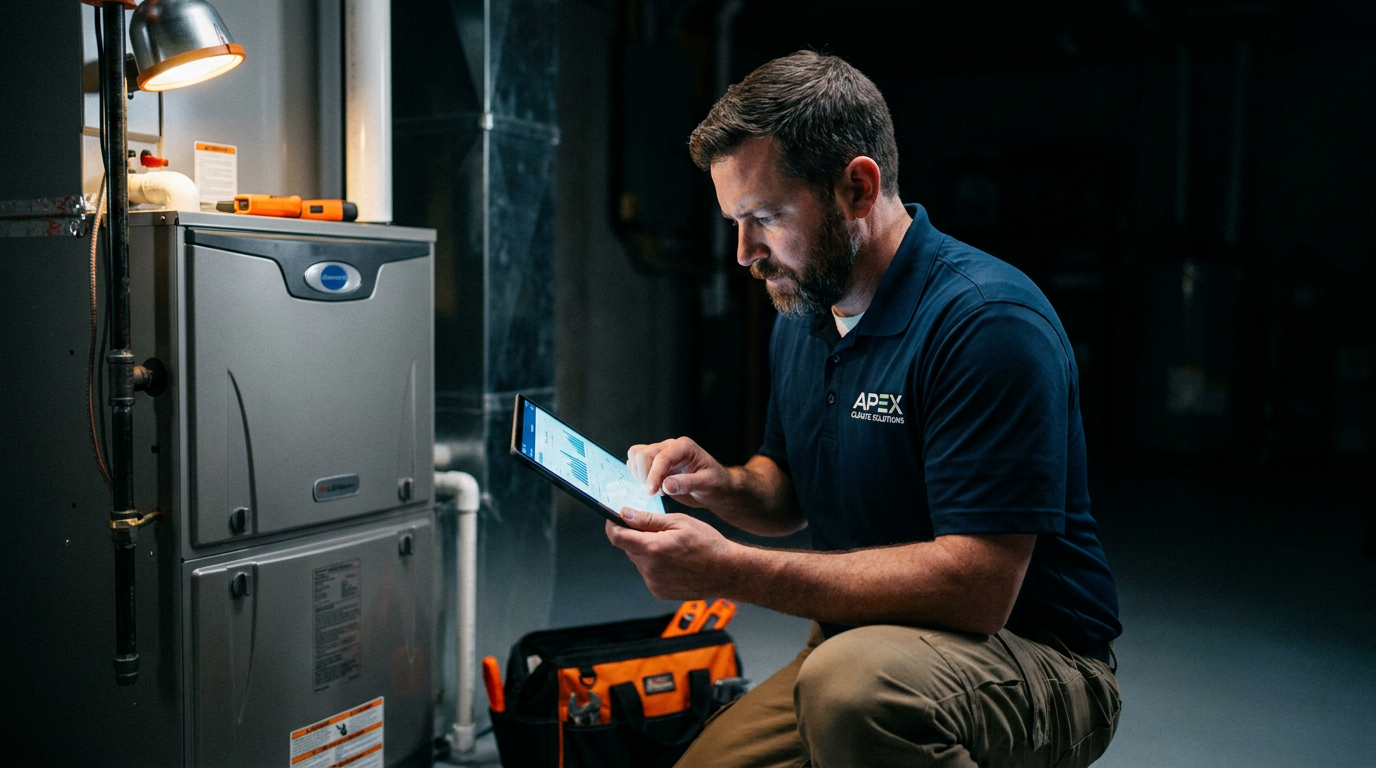 An HVAC technician reviewing smart thermostat data on a tablet to analyze system performance with AI.