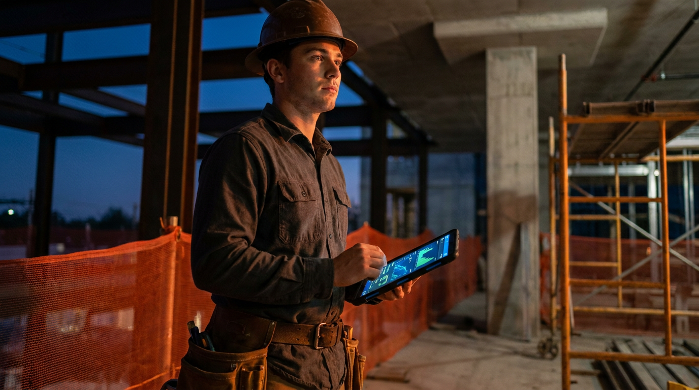 A young apprentice reviews his career progression plan on a tablet, an example of using AI for apprentice career progression plans on a modern job site.