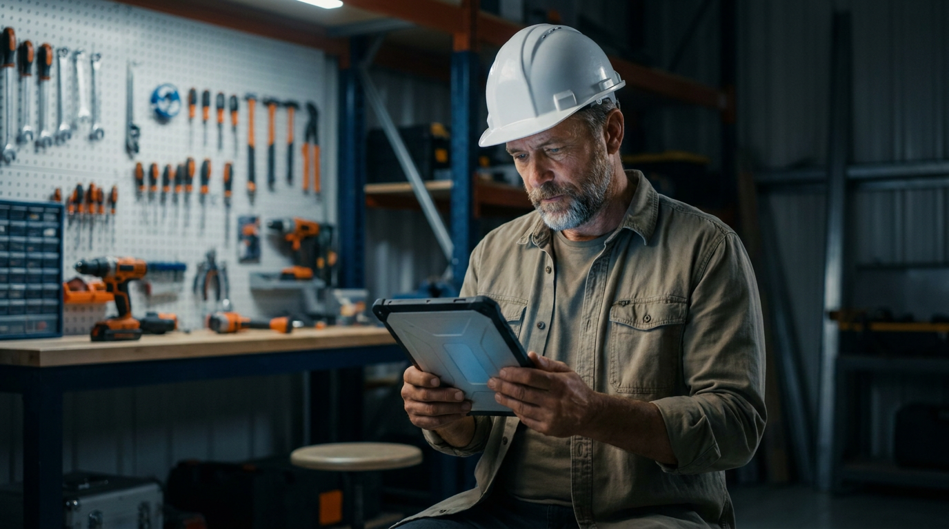 A trade foreman uses a tablet to conduct an AI for trade apprentice performance review in a workshop.
