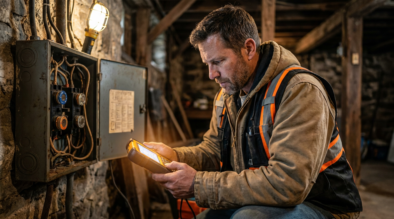 Electrician using an AI arc fault detection tool on an old electrical panel in a historic city home.