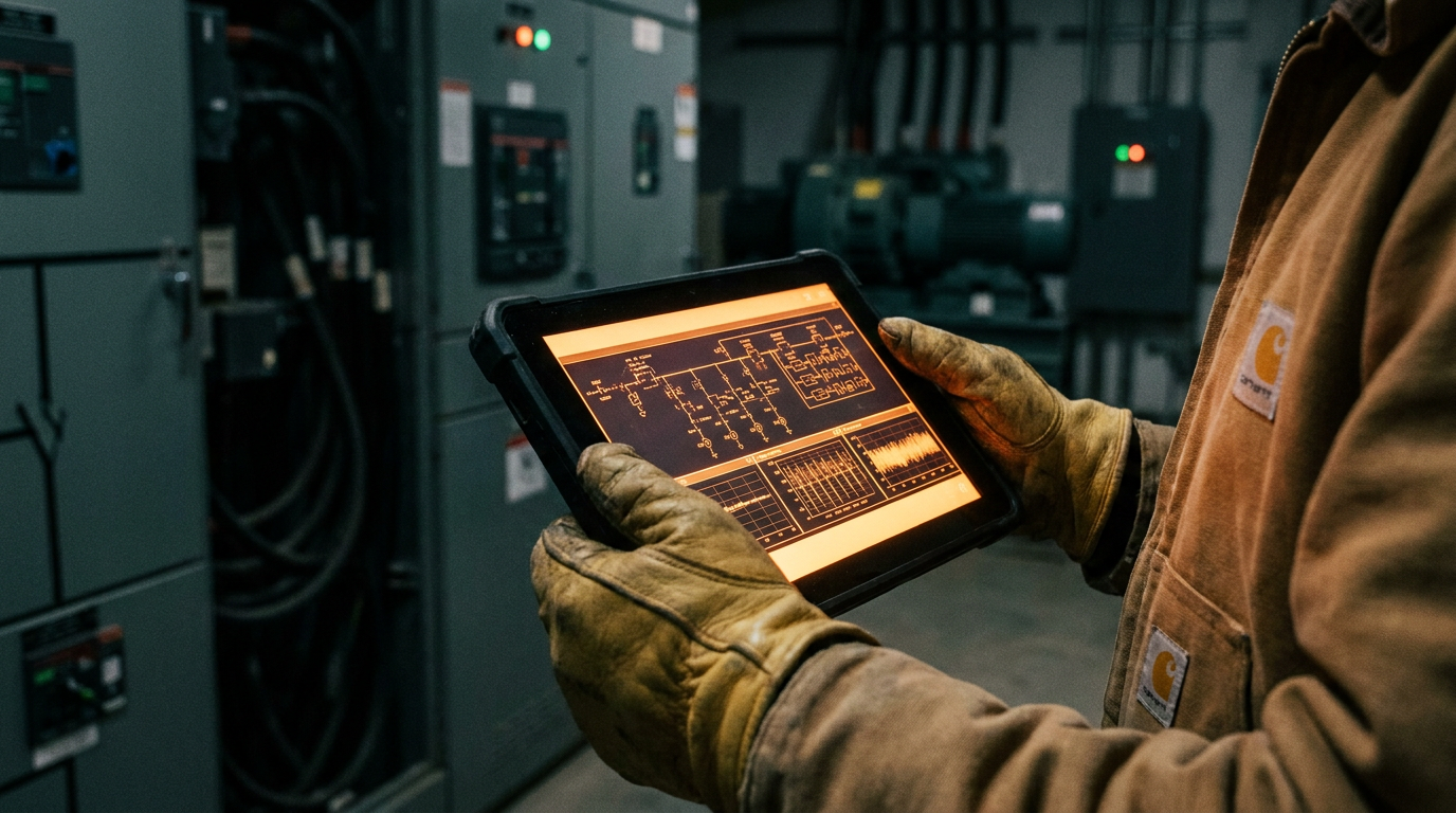 An electrician using a tablet with AI software for arc flash hazard analysis in front of an electrical panel.