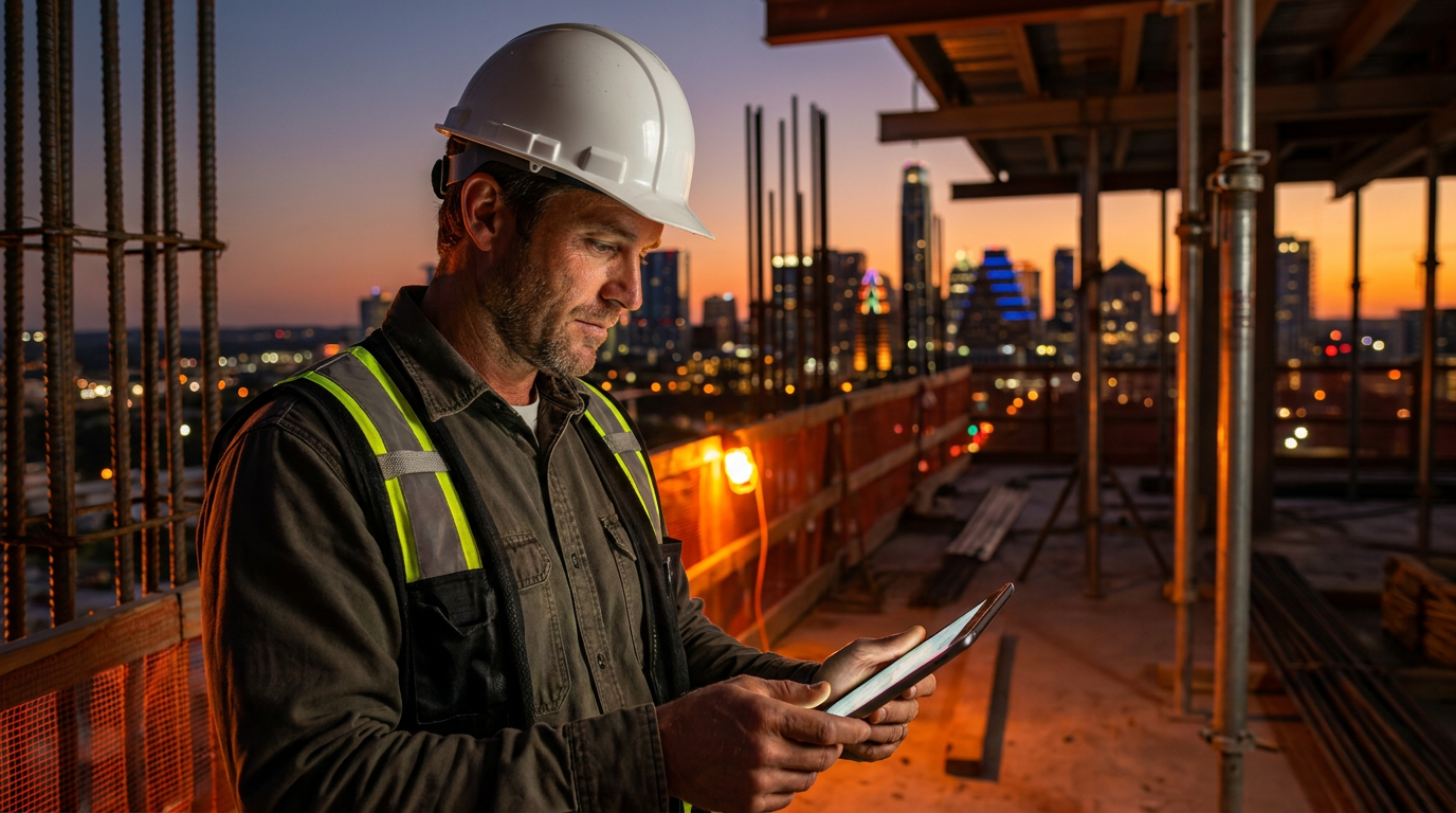 A general contractor uses a tablet with AI for navigating Austin construction permits on a job site.