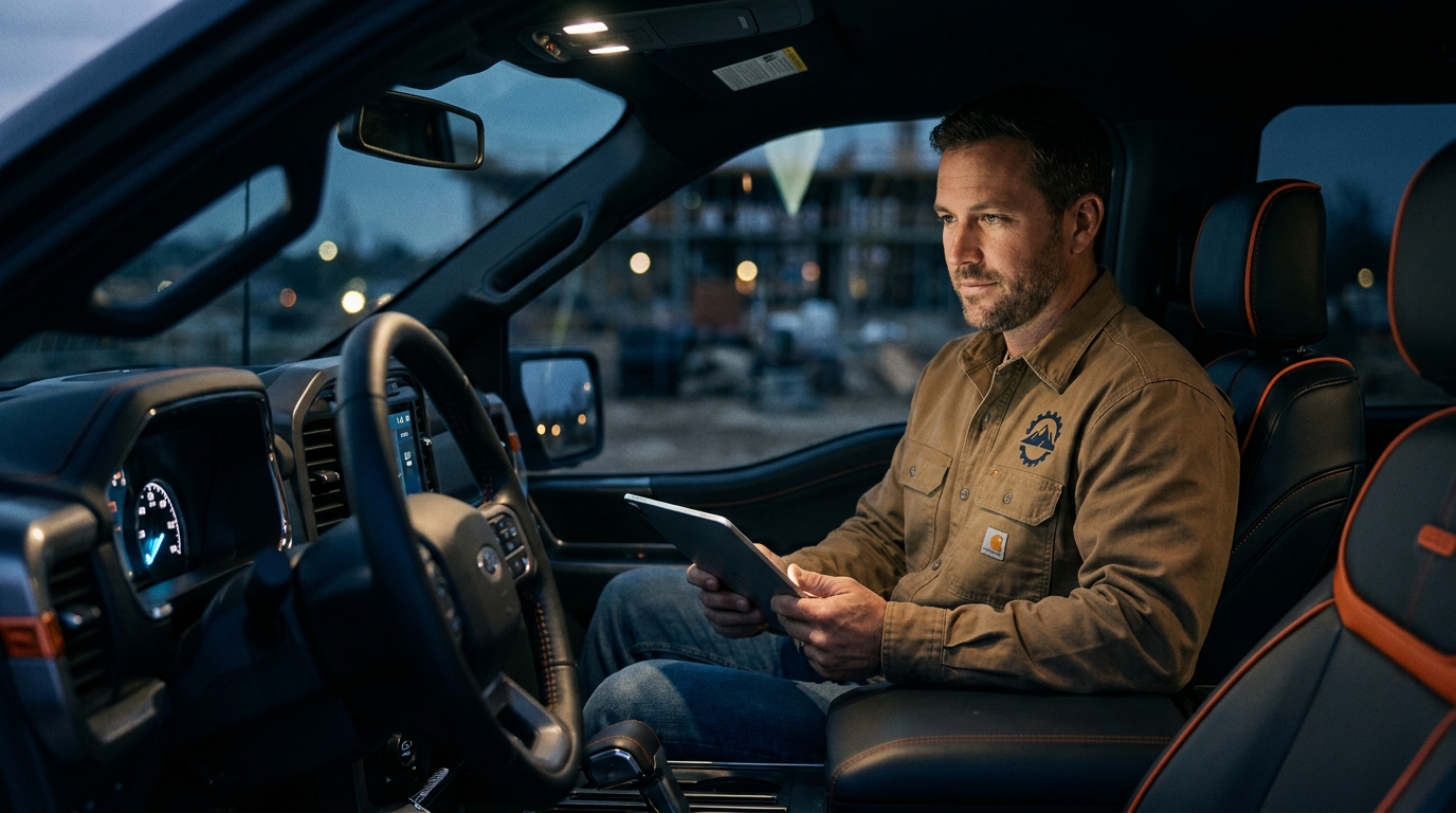 A contractor in his truck uses a tablet to see how AI can automate customer service follow up after a job.