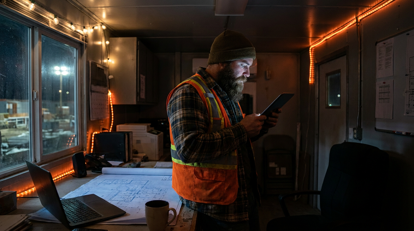 A general contractor using a tablet to manage AI-automated subcontractor payments in his site office.