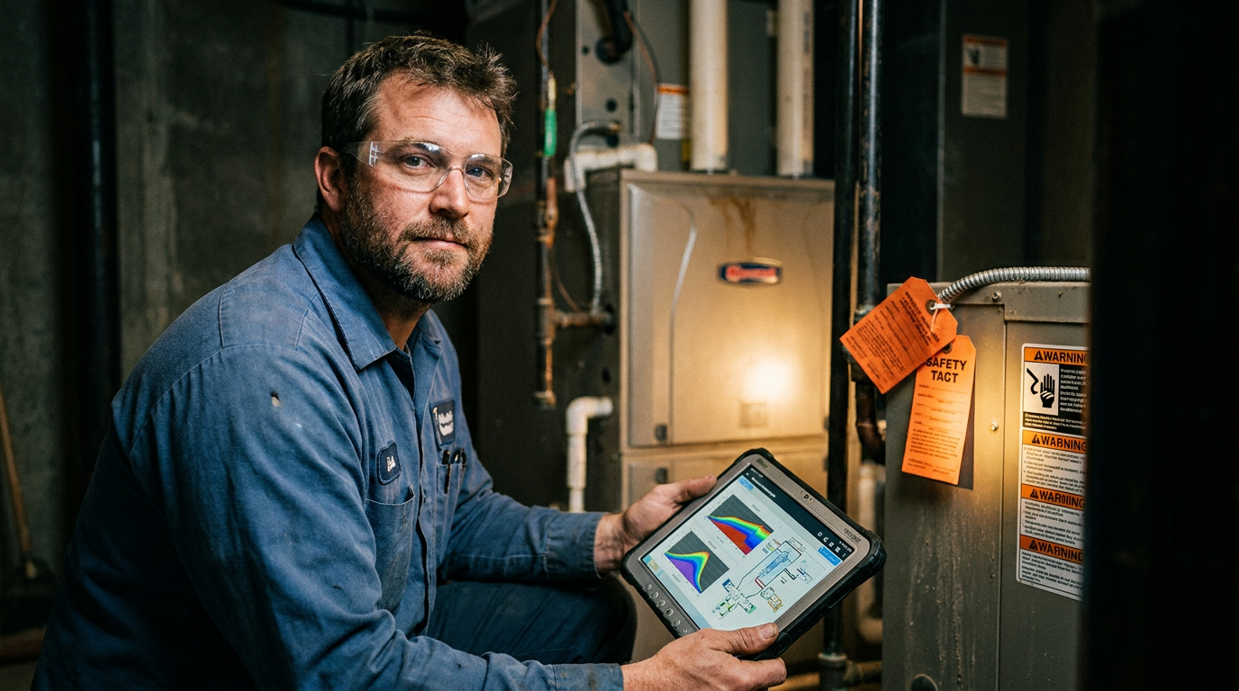 An HVAC technician reviews data on a tablet, considering if AI can balance a commercial HVAC system.