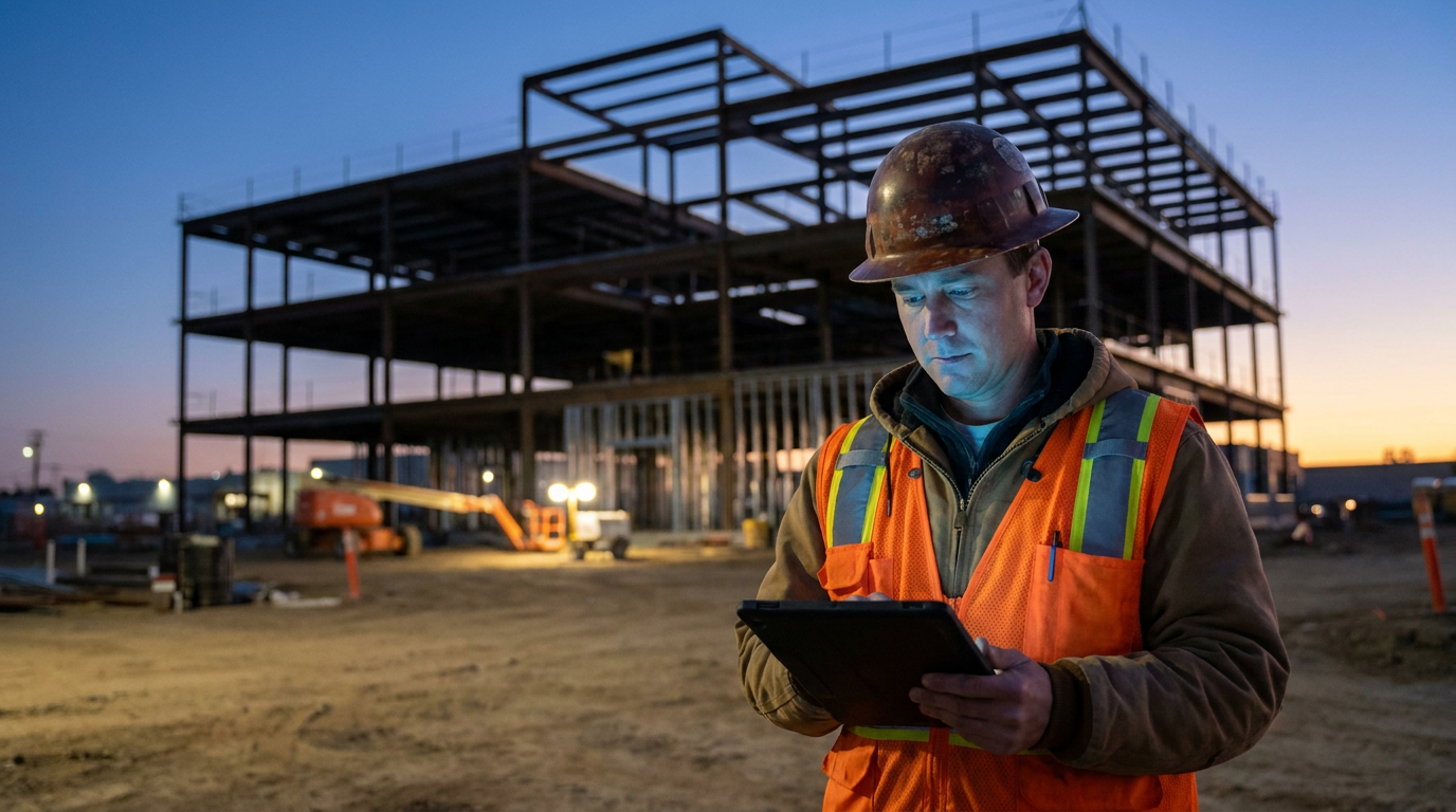 A general contractor uses a tablet with AI for OSHA compliance in California construction on a jobsite at dusk.