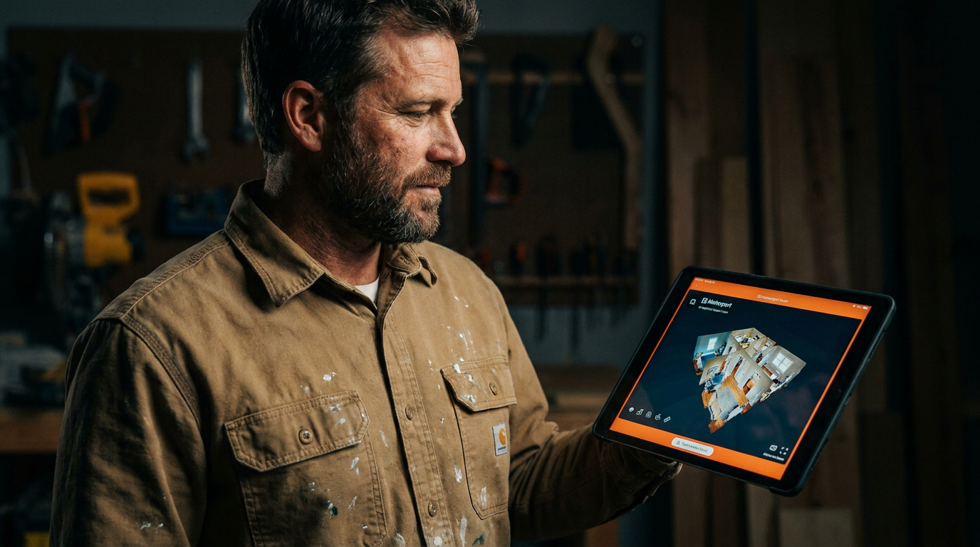 A painter using a tablet to see how AI can calculate paint needed from a Matterport scan of a room.