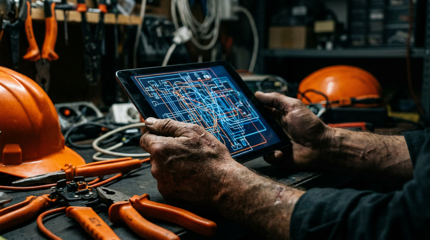 An electrician's hands holding a tablet used to calculate voltage drop for long runs, showing the blend of trade skill and modern technology.