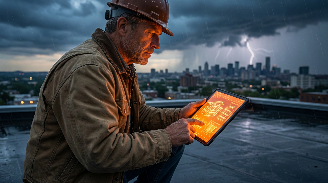 An engineer reviews data on a tablet as part of an AI calculation of wind uplift for a commercial roof.