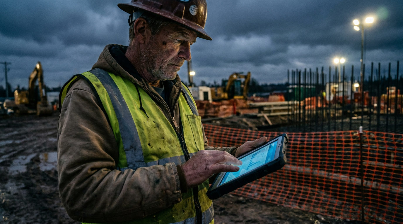 A construction manager reviews a tablet on a jobsite, illustrating how AI can detect if a crew is wearing PPE.