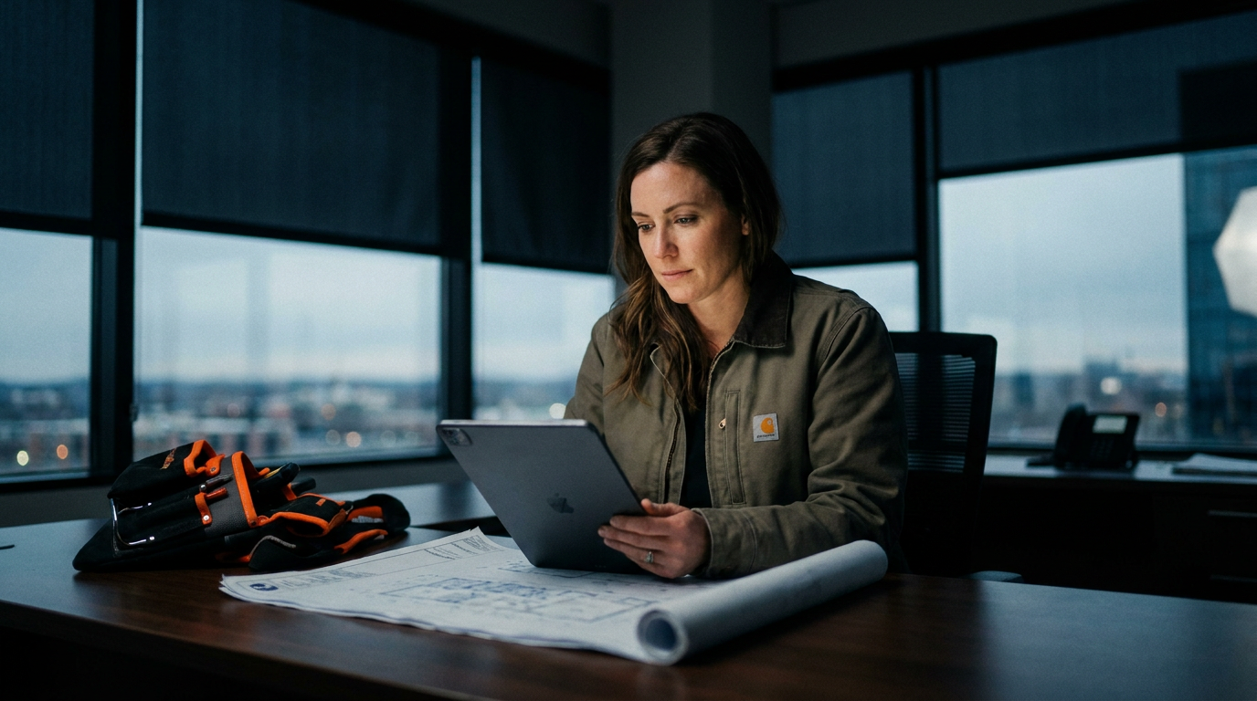 A trade business owner using a tablet, representing the modern approach of using AI chatbots to pre-screen trade applicants for his company.