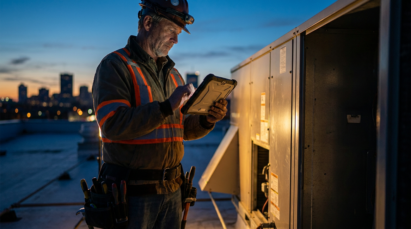 Commercial technician using a rugged tablet for AI for commercial HVAC energy audits on an industrial rooftop.