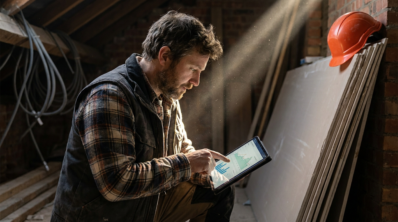 A construction manager using a tablet with AI for comparing bulk material prices on a job site.