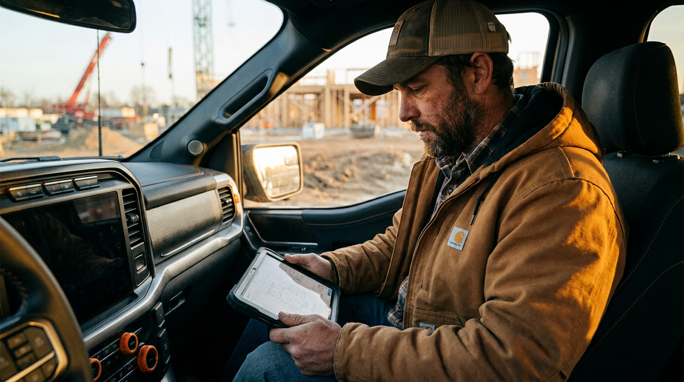 A general contractor uses a tablet in his truck to manage AI for construction client updates.