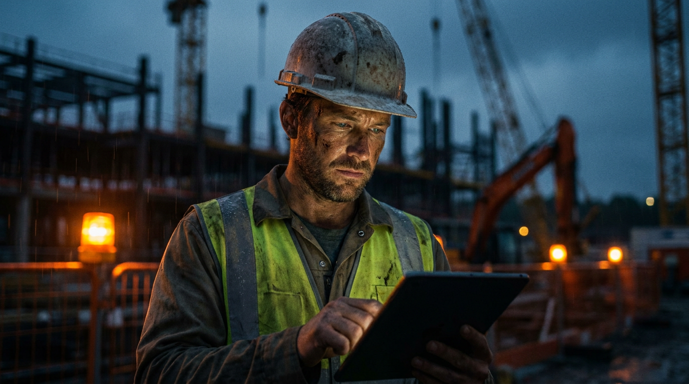 A construction manager using a tablet with AI for construction daily reports on a jobsite at dusk.