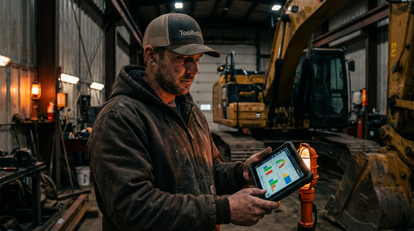 A construction mechanic uses a tablet to review AI for construction equipment maintenance data in a modern repair bay.