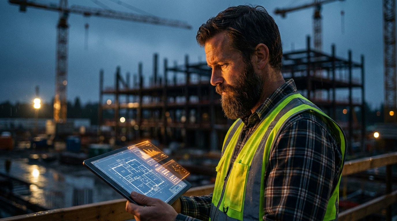 A construction estimator uses a tablet with glowing data overlays, demonstrating the use of AI for construction estimating on a job site.