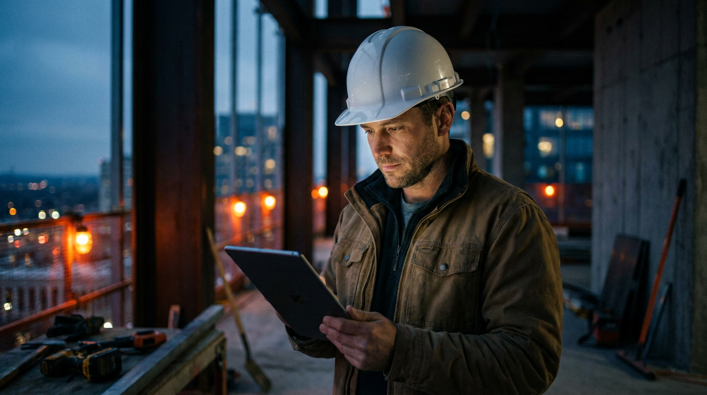A general contractor reviews a tablet on a job site, considering how AI can help with construction lien law in his state.