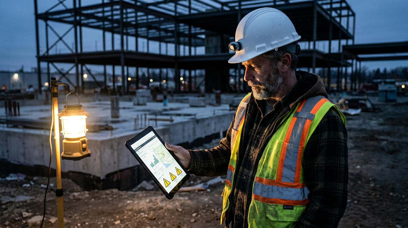 A construction manager reviews jobsite data on a tablet, demonstrating the use of AI for construction risk management.