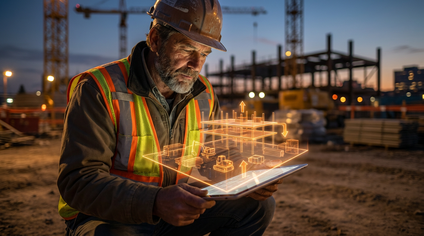 A construction manager using a tablet with an AI for construction site logistics planning overlay on a jobsite.
