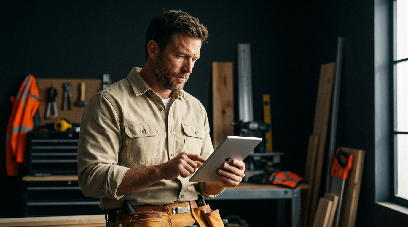 A contractor uses a tablet to manage AI for contractor customer service in his workshop.