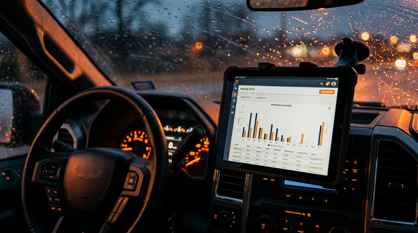 A tablet displaying an AI for contractor fleet maintenance scheduling dashboard inside a work truck.