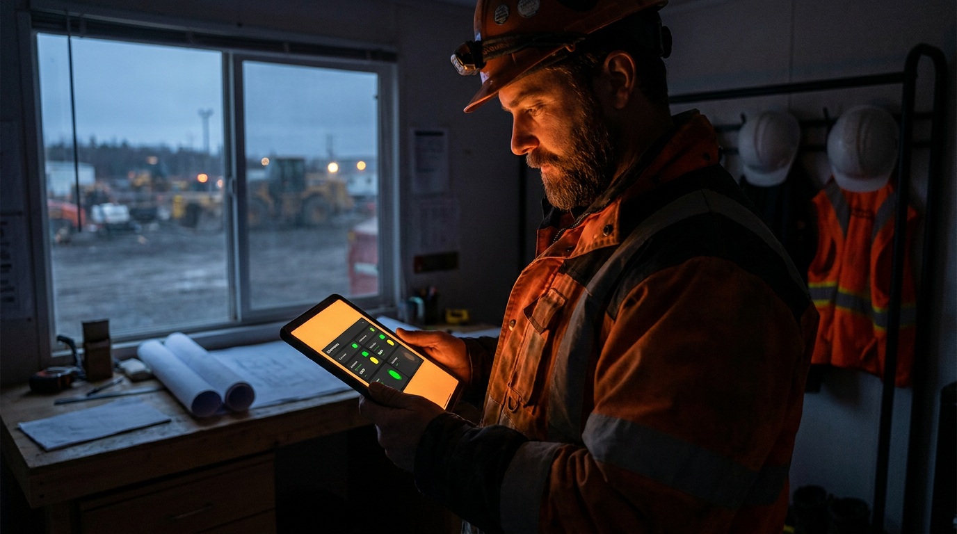A general contractor reviews subcontractor compliance data on a tablet, demonstrating using AI for contractor insurance compliance.