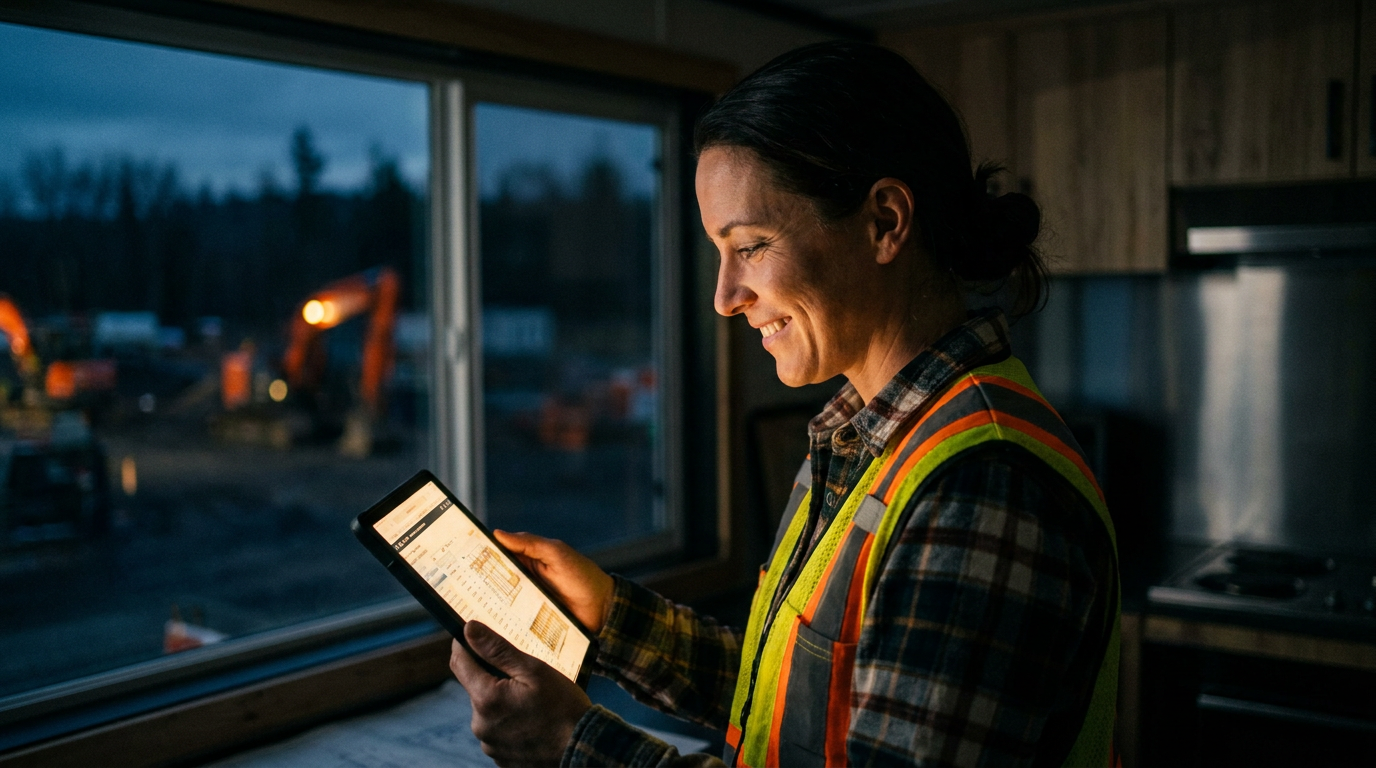 A contractor uses a tablet with data graphs for AI-powered contractor job costing in a modern jobsite office.