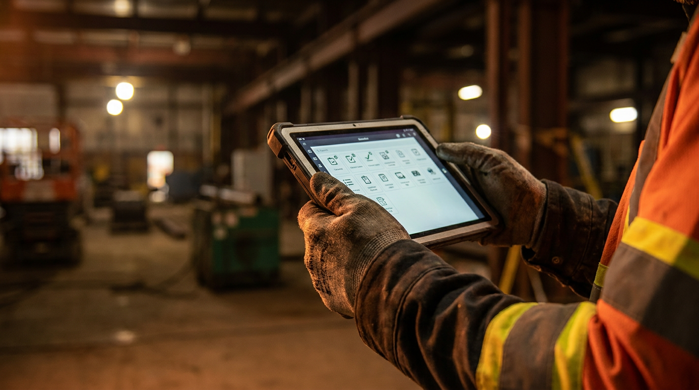A general contractor uses a tablet with an AI-generated construction punch list to manage a project closeout on a jobsite.