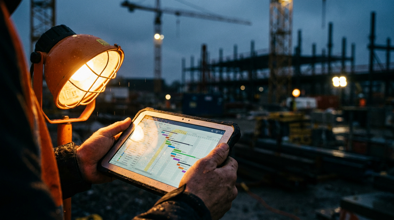 A general contractor uses a tablet where an AI has created a Gantt chart from a list of tasks for a construction project.