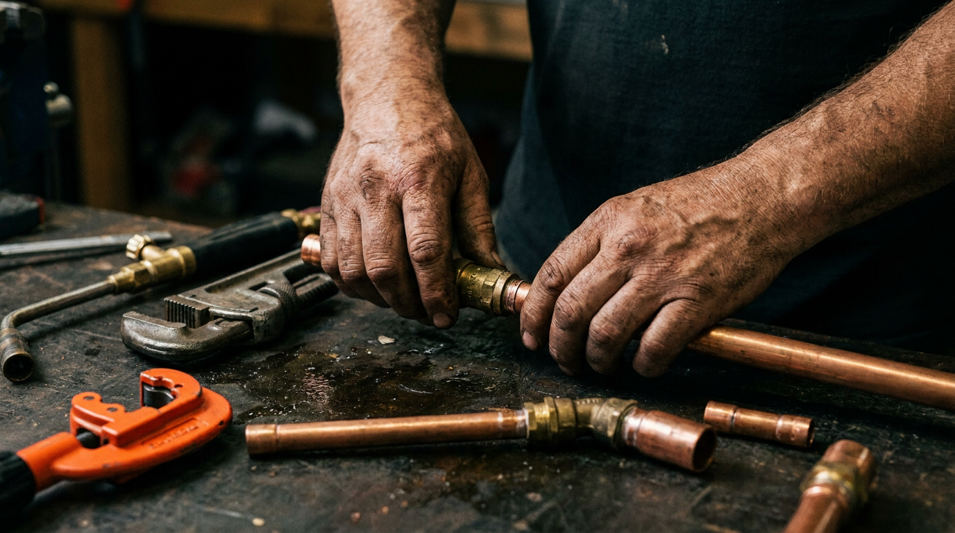 A close-up of a journeyman plumber's hands working on pipes, illustrating the need for a practical skills test that AI can help create.