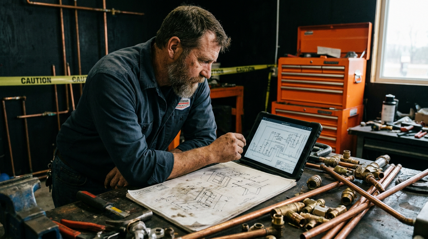 Plumber reviewing digital plans and plumbing isometric drawing on a jobsite workbench