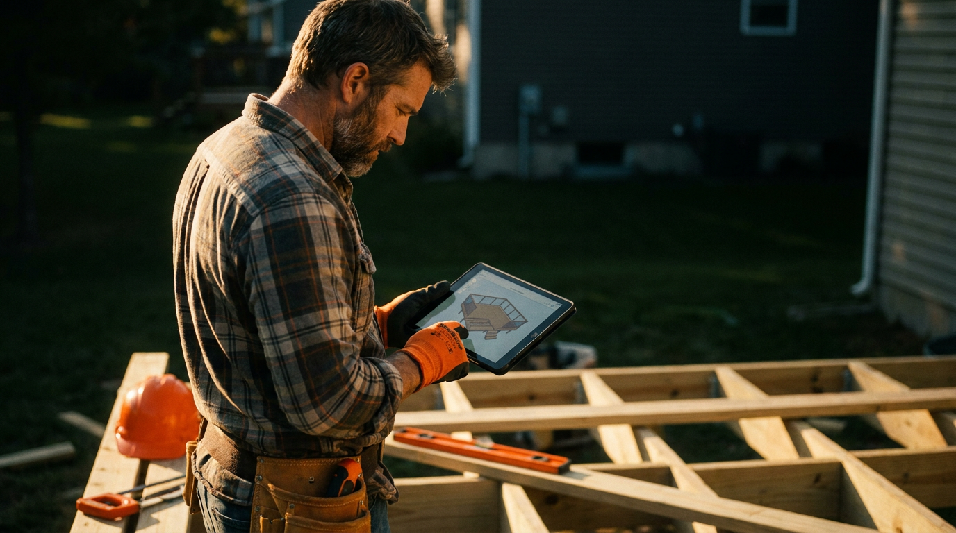 A contractor reviews a tablet as he thinks about how AI can help design a custom deck on a job site.