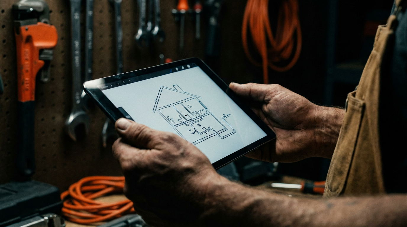 A plumber reviews a tablet showing a diagram as part of the process to have an AI design a plumbing system for a tiny home.