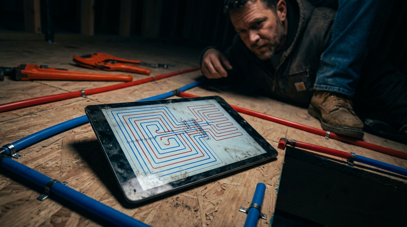 A tablet showing an AI-designed radiant floor heating layout on a jobsite, with a plumber reviewing the PEX installation.