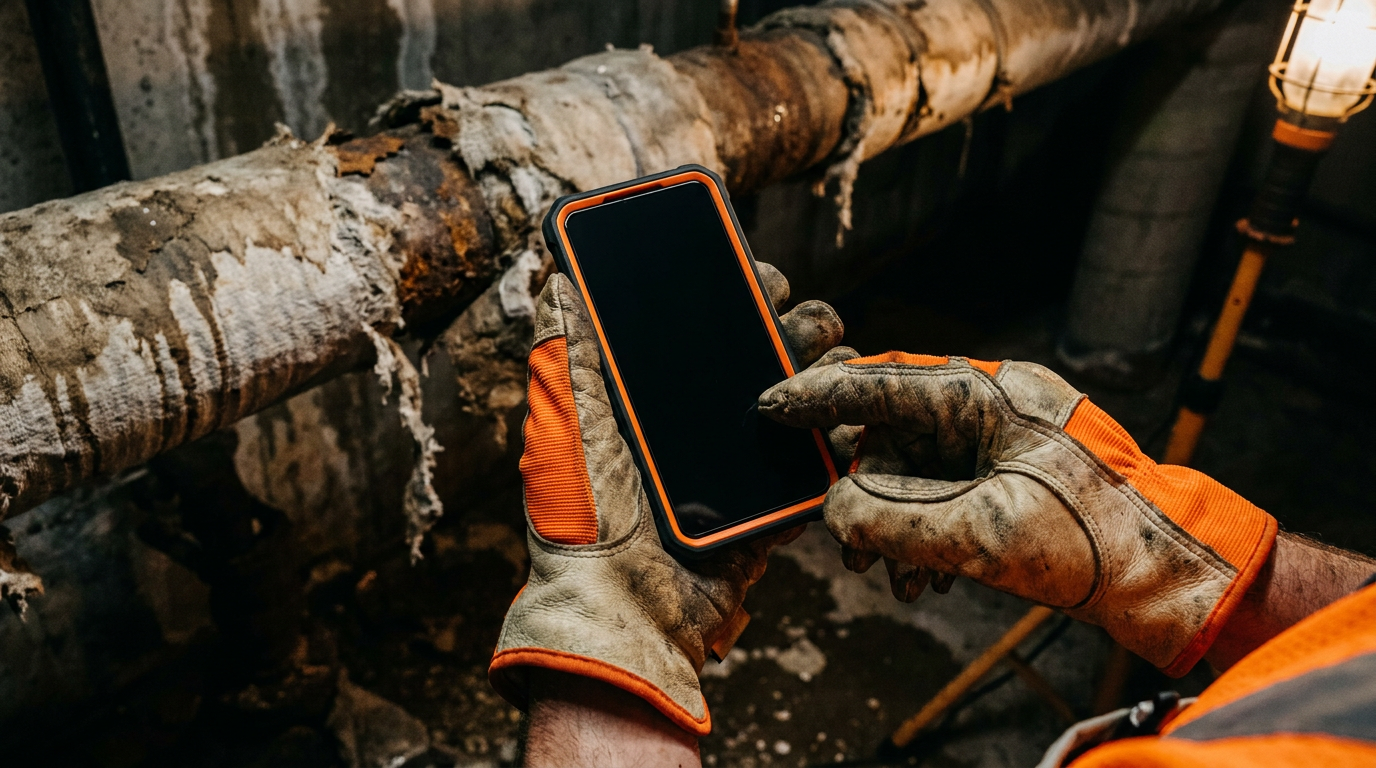A contractor holding a smartphone, considering whether AI can detect asbestos from a photo of old pipe insulation in the background.