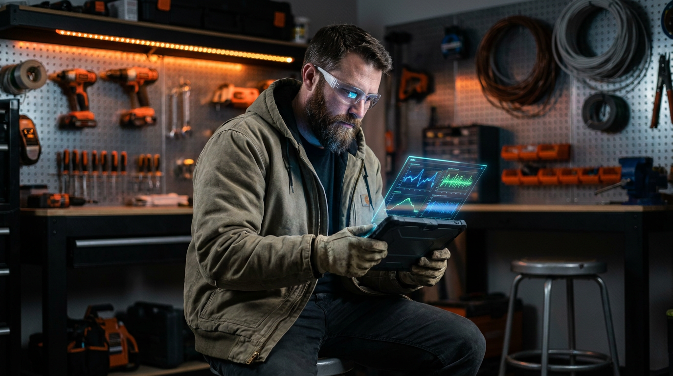 An electrician analyzing a tablet showing how AI can detect voltage irregularities from smart meter data in a modern workshop.