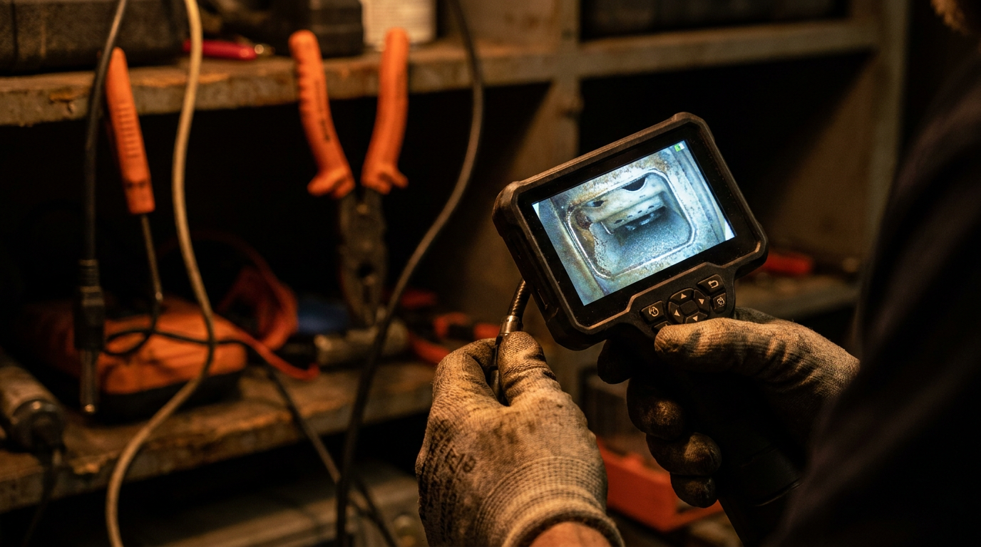 An HVAC technician uses a modern diagnostic tool to see if AI can diagnose a faulty heat exchanger inside a furnace.