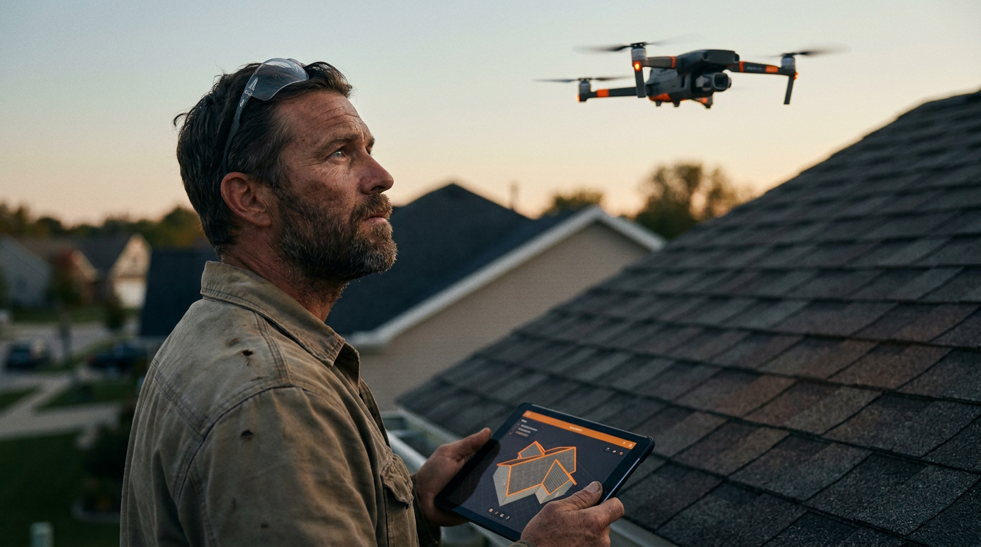 A roofer on the ground using a tablet to conduct an AI drone roof inspection of a suburban home.