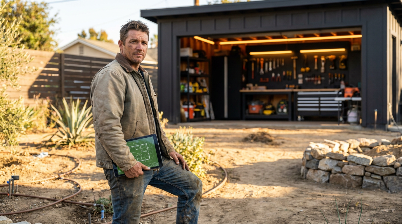 A California landscaper using a tablet to review an AI for drought-tolerant landscape design plan on a job site.