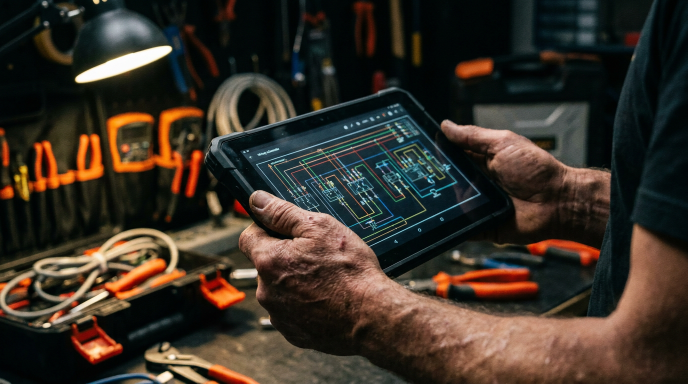An electrician reviewing data for electrical load calculations on a digital tablet in a workshop.
